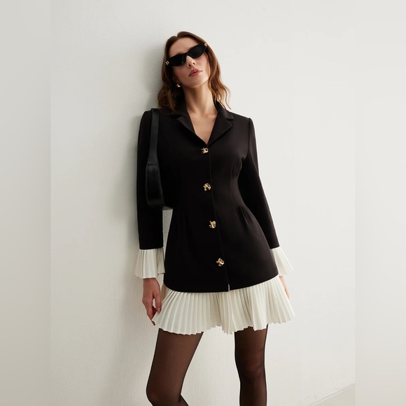 Commense V-Neck Two-Tone Pleated Button Dress - Picture 4 of 16